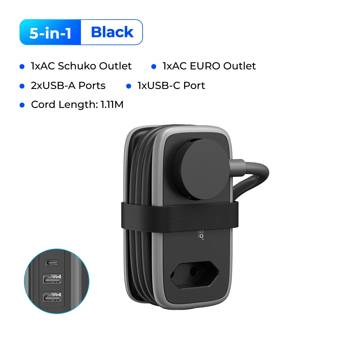 ORICO EU Plug Travel Power Strip with 2AC 3USB Port 1.1M Extension Cable 5-In-1 Charging Smart Socket for Home/Travel Save Space