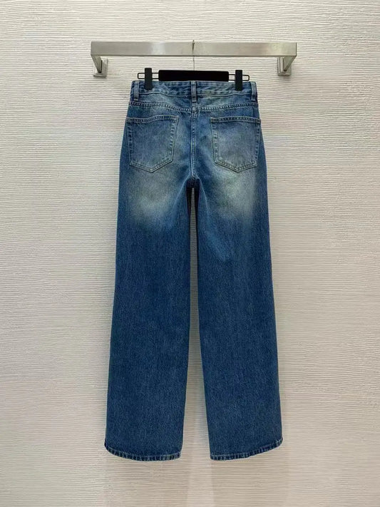 New high-end customized women's casual jeans, classic old flower leather brand high waist straight wide leg jeans