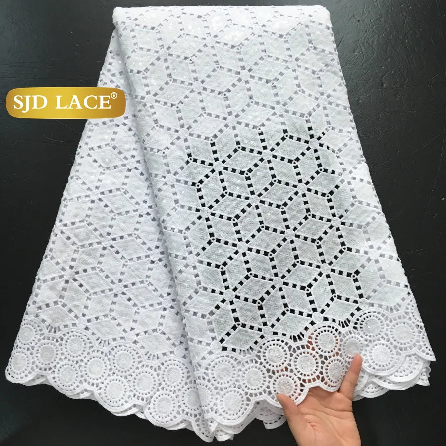 SJD LACE African Sequins Guipure Cord Lace Fabrics 5 Yards White 2026 New Nigerian Water Soluble Lace For Women Dresses Sew 4197