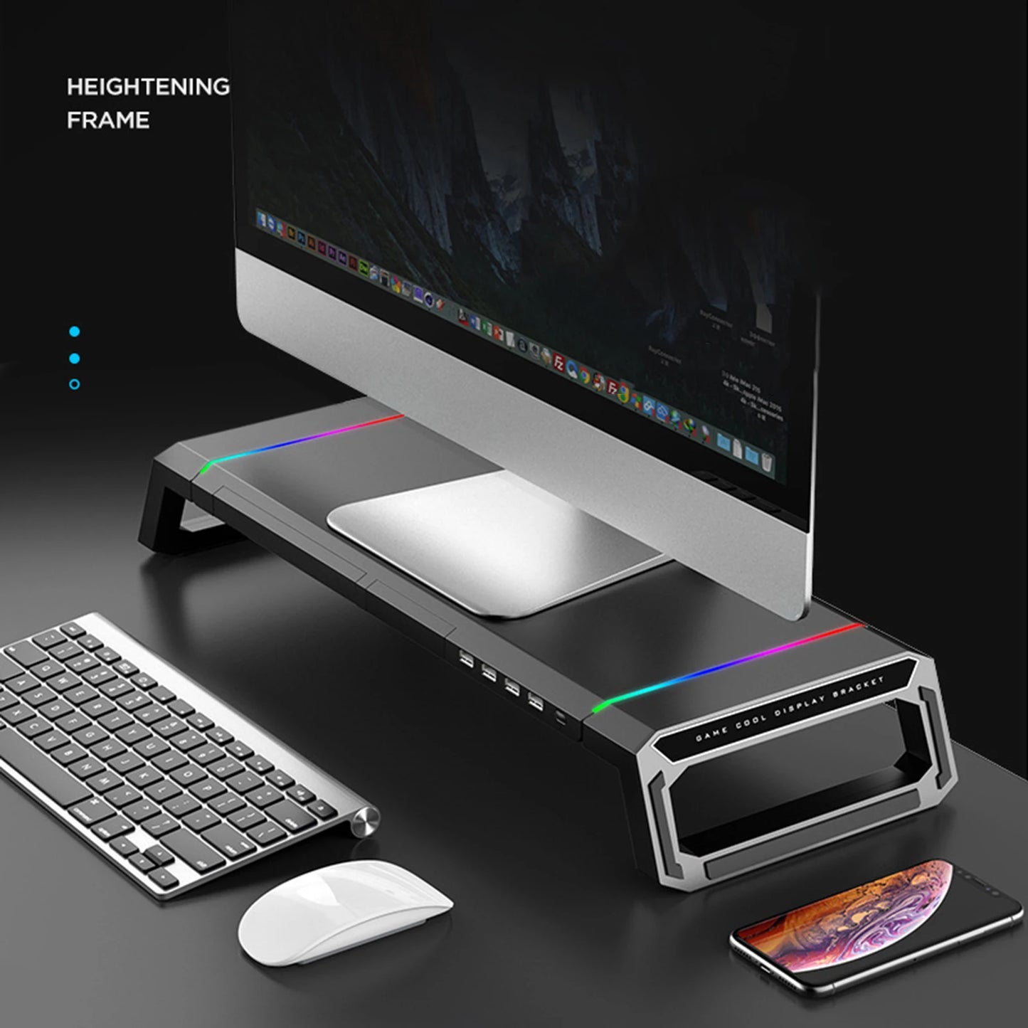 Aluminum RGB Monitor Stand Riser Bracket with 4 USB Ports Desk Organizer All-In-One Computer Laptop Height Stand Holder