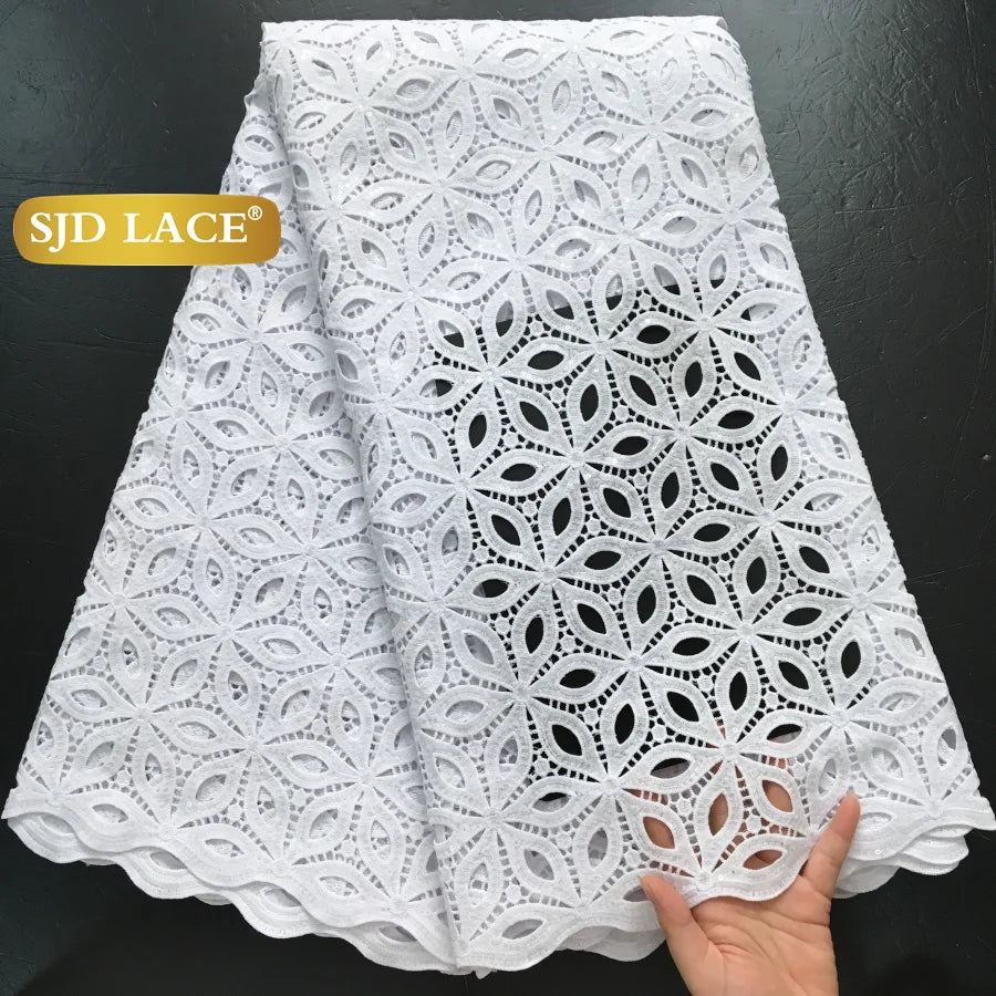 SJD LACE African Sequins Guipure Cord Lace Fabrics 5 Yards White 2026 New Nigerian Water Soluble Lace For Women Dresses Sew 4197