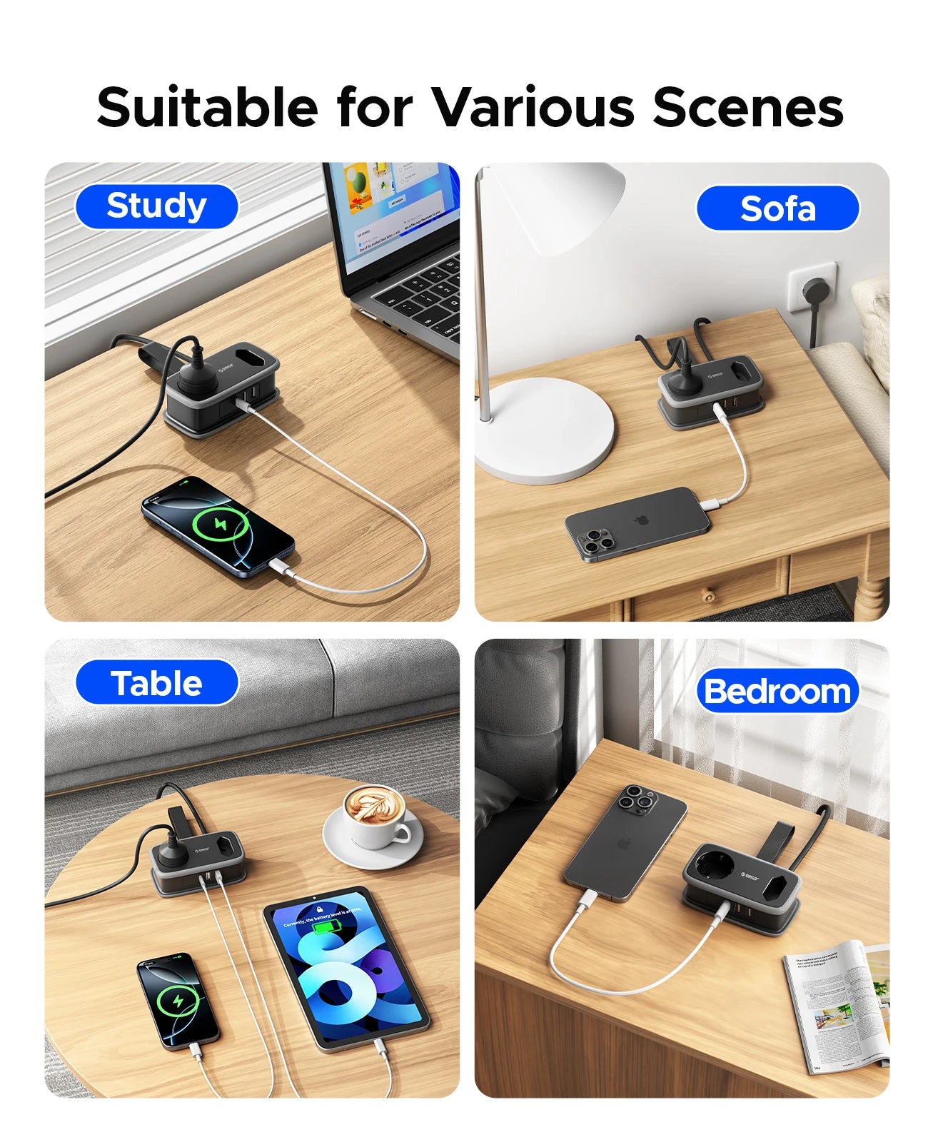 ORICO EU Plug Travel Power Strip with 2AC 3USB Port 1.1M Extension Cable 5-In-1 Charging Smart Socket for Home/Travel Save Space