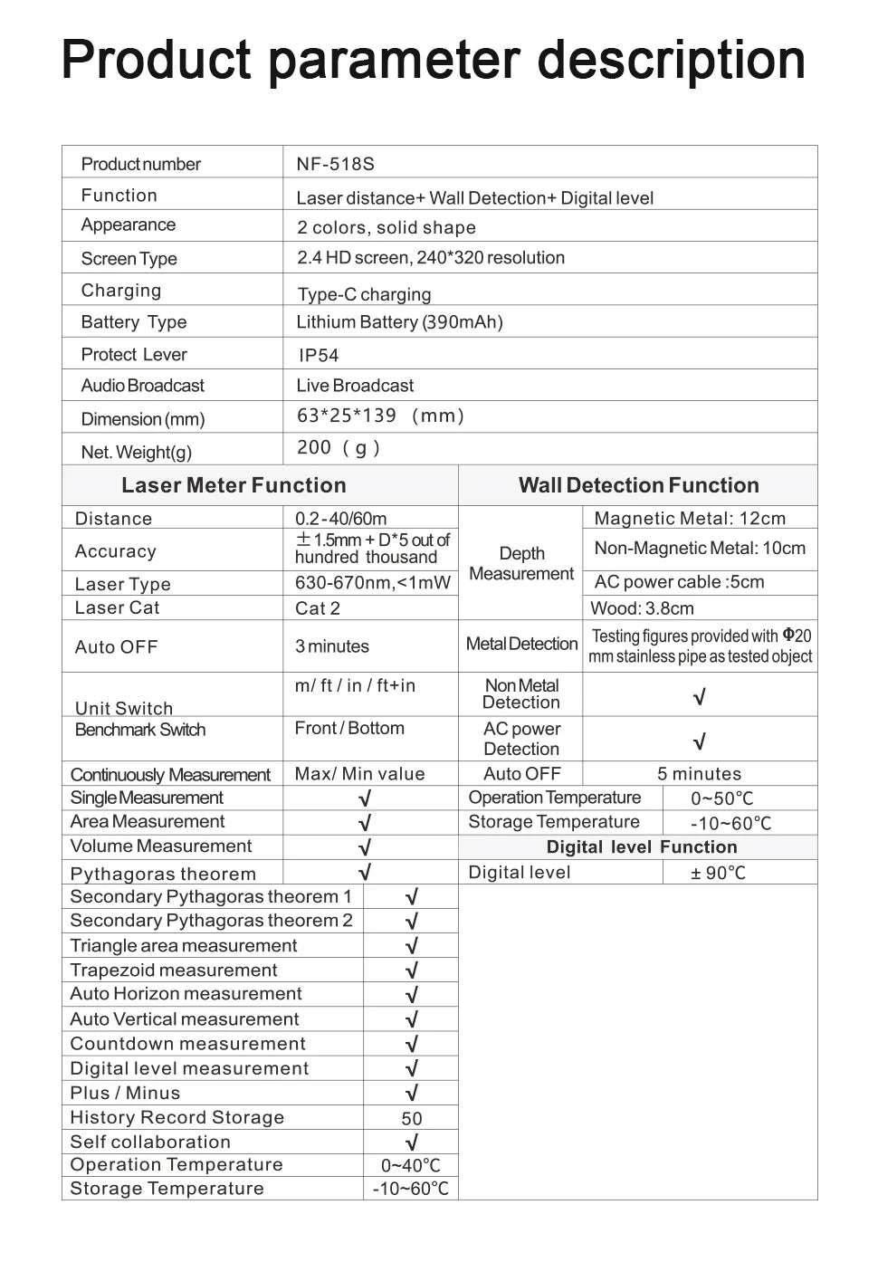 NF-518S Industrial Metal Detectors Metal Detector AC Cable Metal Pipes Rebar Multifunctional Wall Detector With Positioning Hole