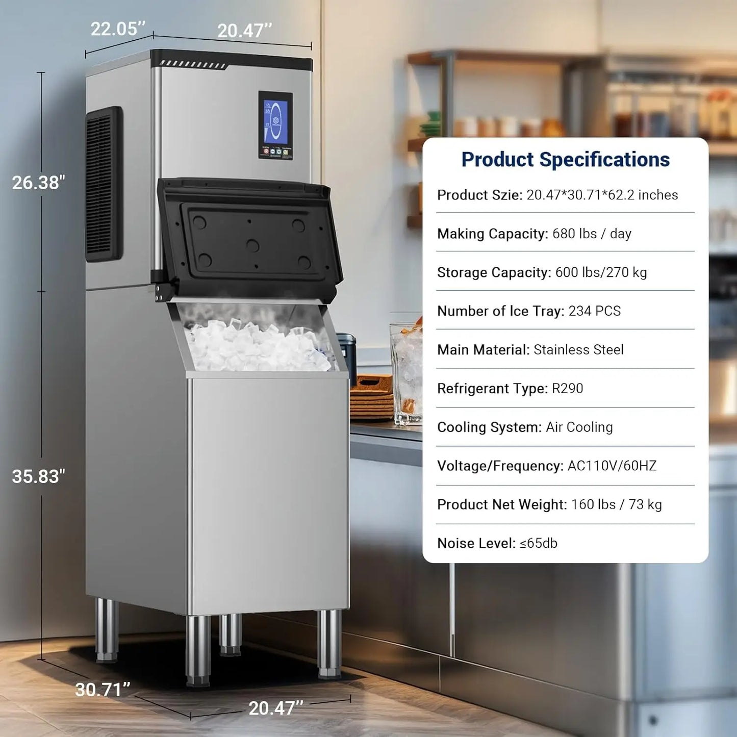 Commercial Ice Maker Machine 680 LBS/24h with Large Storage Bin 234 Ice Ready in 8-12 Min Self-Cleaning Commercial Ice Maker