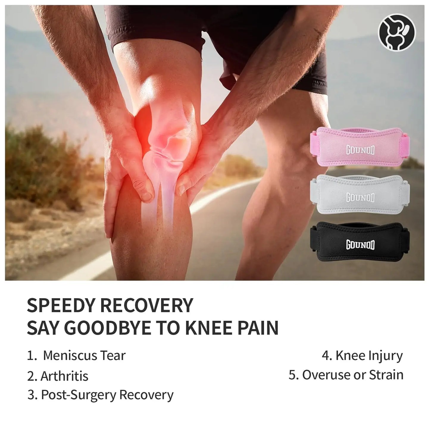 2PC/1Pair GOUNOD Patella Knee Straps Adjustable Knee Straps Running Sports for Pain Relief
