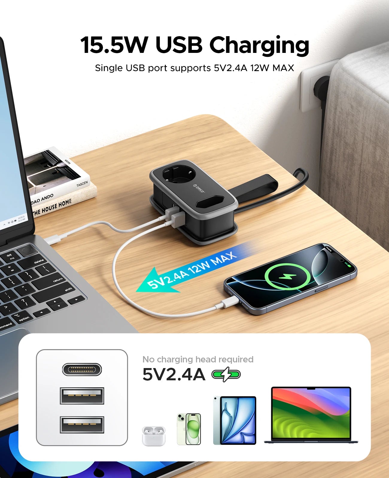 ORICO EU Plug Travel Power Strip with 2AC 3USB Port 1.1M Extension Cable 5-In-1 Charging Smart Socket for Home/Travel Save Space