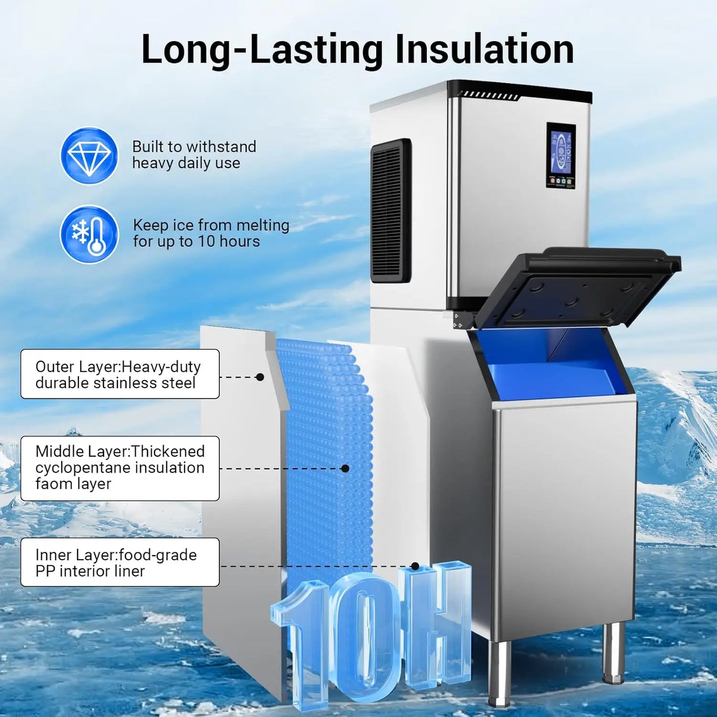Commercial Ice Maker Machine 680 LBS/24h with Large Storage Bin 234 Ice Ready in 8-12 Min Self-Cleaning Commercial Ice Maker