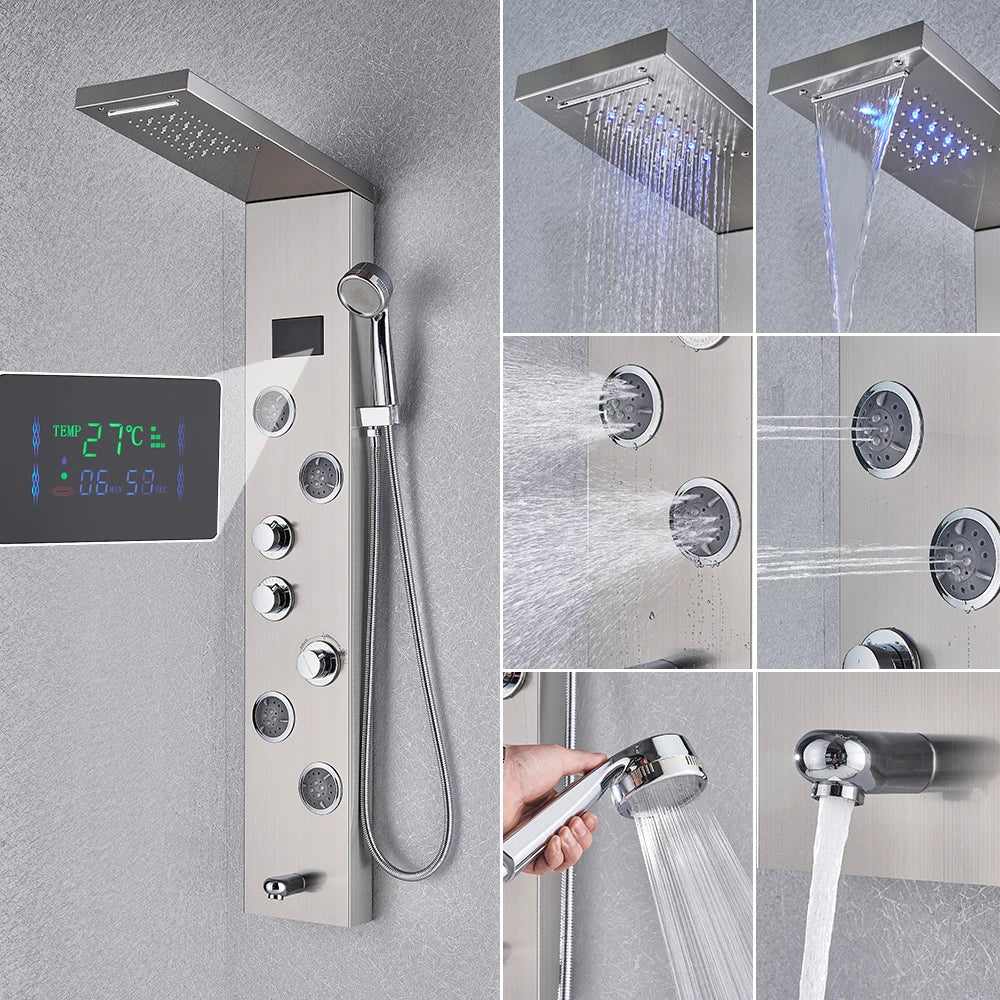 Black Bathroom Shower Panel Column Golden Rain Waterfall Shower Faucet Bidet Sprayer Tap SPA Massage Jet LED Bath Shower Set