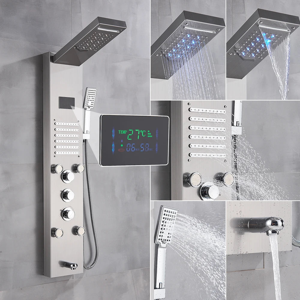 Black Bathroom Shower Panel Column Golden Rain Waterfall Shower Faucet Bidet Sprayer Tap SPA Massage Jet LED Bath Shower Set