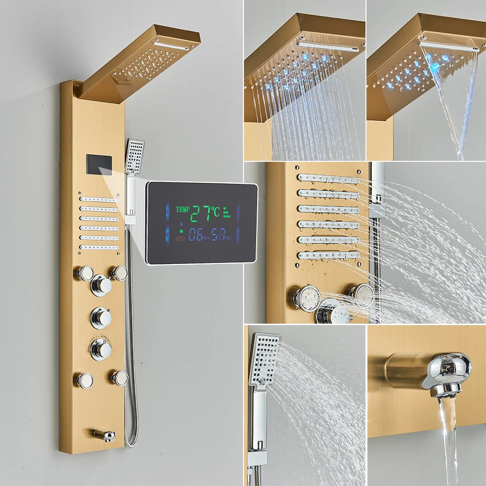 Black Bathroom Shower Panel Column Golden Rain Waterfall Shower Faucet Bidet Sprayer Tap SPA Massage Jet LED Bath Shower Set