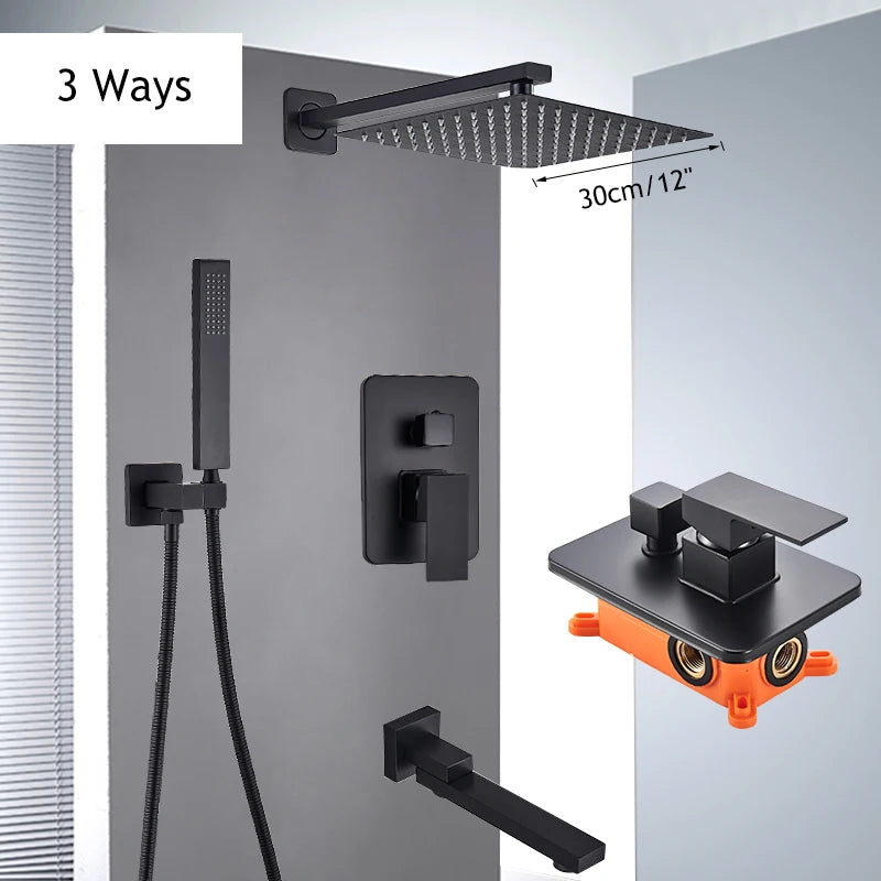 Matte Black Shower Faucet Set Rain Brass Shower Head Shower Faucet Embed Box Bathroom Hot Cold 2/3 Ways Tap Bathroom Faucet