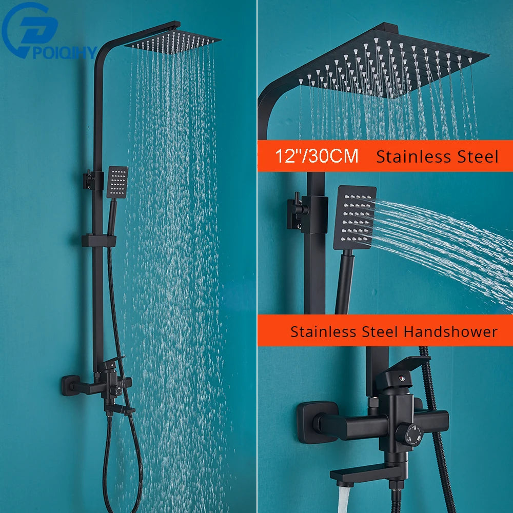 POIQIHY Black Bathroom Shower Faucet Set Wall Mount Black 8''Rainfall Shower Head With Handheld Sprayer Bathtub Shower Mixer
