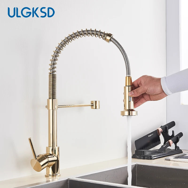 Golden Kitchen Faucet Pull Down Sprayer Nozzle Hot Cold Water Mixer Tap Single Handle Brass Para Kitchen Sink Taps Crane