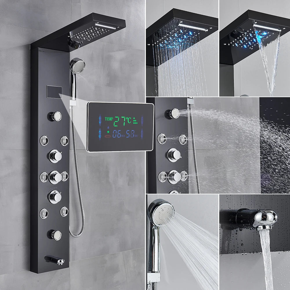 Black Bathroom Shower Panel Column Golden Rain Waterfall Shower Faucet Bidet Sprayer Tap SPA Massage Jet LED Bath Shower Set