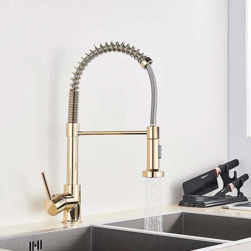 Golden Kitchen Faucet Pull Down Sprayer Nozzle Hot Cold Water Mixer Tap Single Handle Brass Para Kitchen Sink Taps Crane