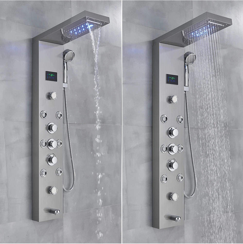 Black Bathroom Shower Panel Column Golden Rain Waterfall Shower Faucet Bidet Sprayer Tap SPA Massage Jet LED Bath Shower Set