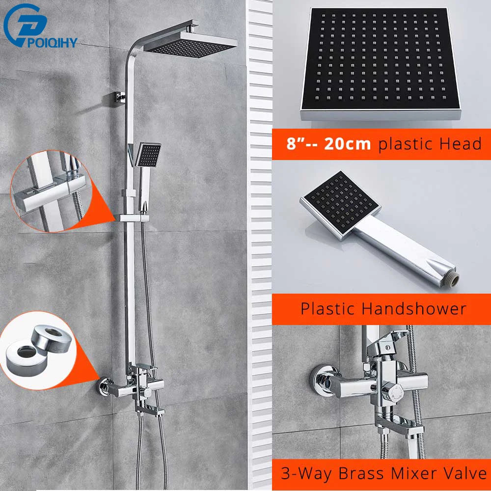 POIQIHY Black Bathroom Shower Faucet Set Wall Mount Black 8''Rainfall Shower Head With Handheld Sprayer Bathtub Shower Mixer