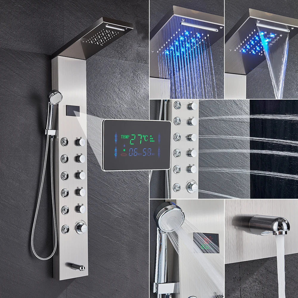 Black Bathroom Shower Panel Column Golden Rain Waterfall Shower Faucet Bidet Sprayer Tap SPA Massage Jet LED Bath Shower Set