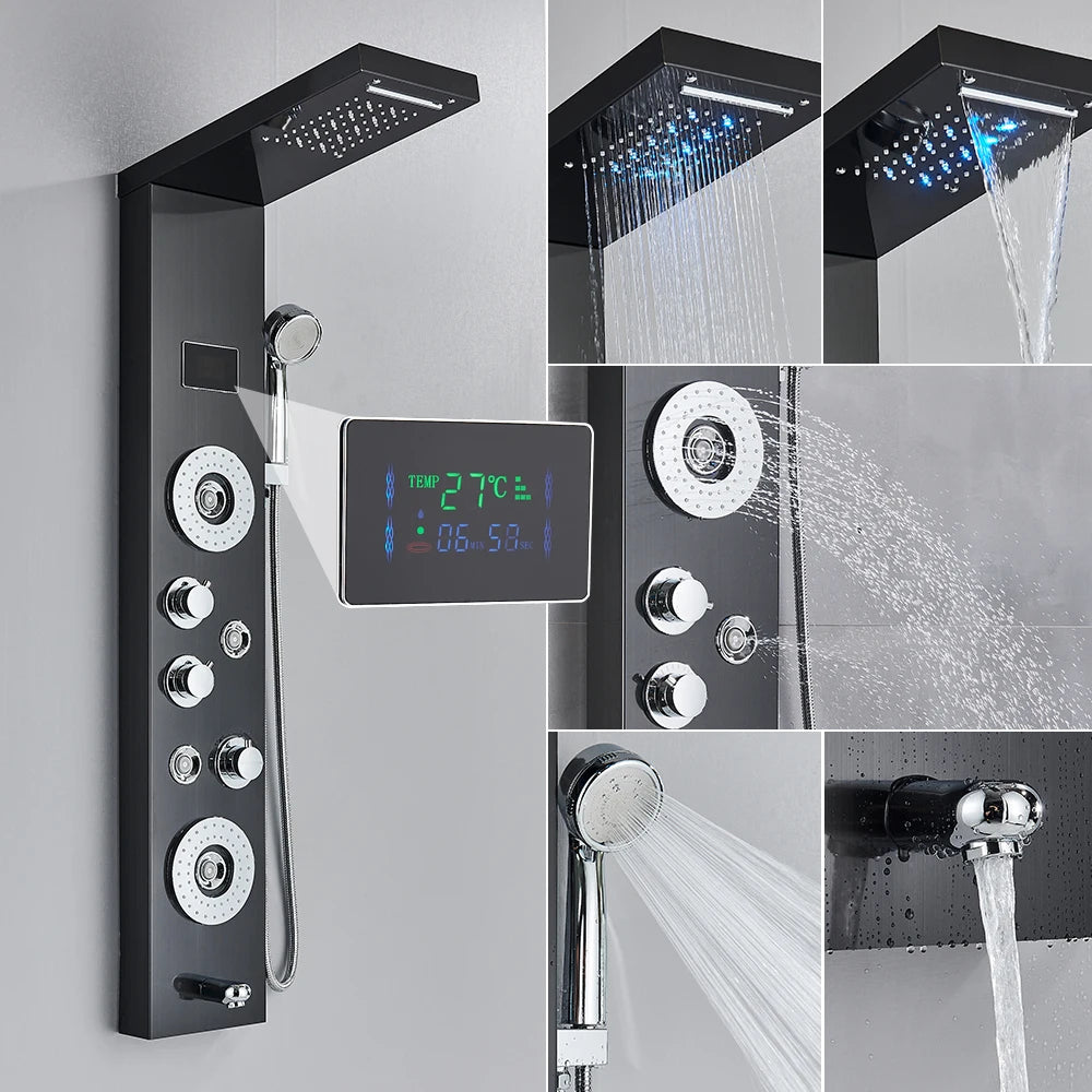 Black Bathroom Shower Panel Column Golden Rain Waterfall Shower Faucet Bidet Sprayer Tap SPA Massage Jet LED Bath Shower Set
