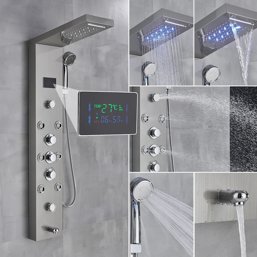 Black Bathroom Shower Panel Column Golden Rain Waterfall Shower Faucet Bidet Sprayer Tap SPA Massage Jet LED Bath Shower Set