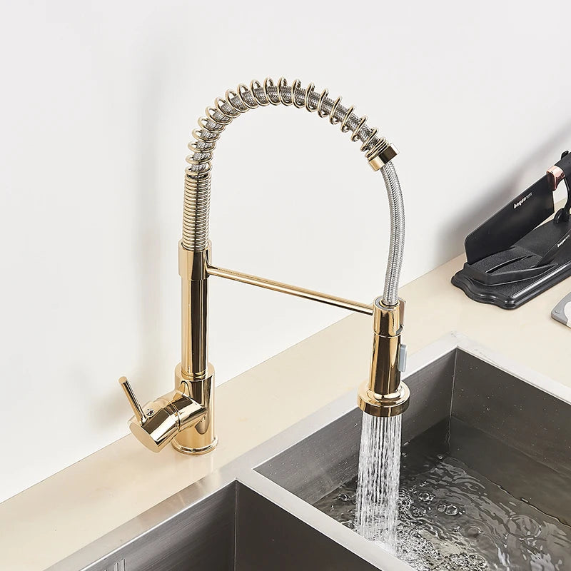 Golden Kitchen Faucet Pull Down Sprayer Nozzle Hot Cold Water Mixer Tap Single Handle Brass Para Kitchen Sink Taps Crane