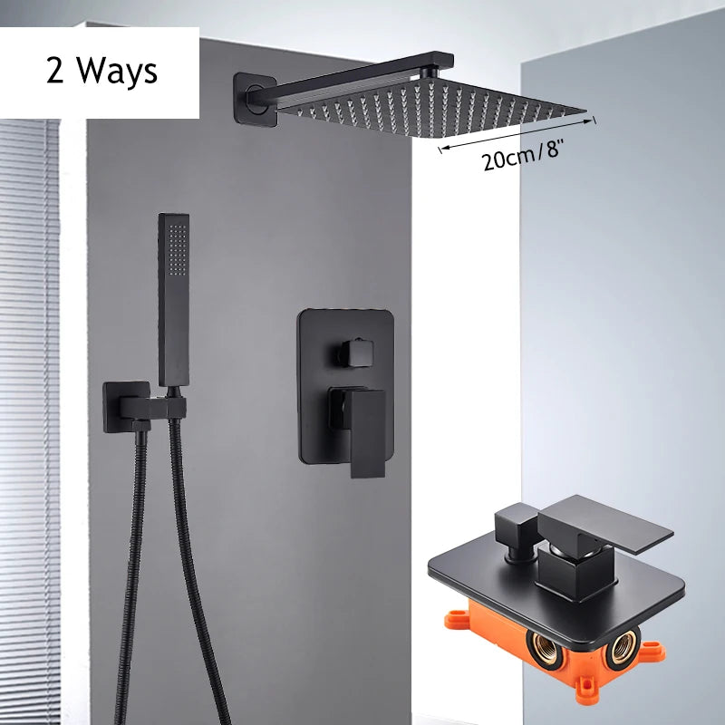 Matte Black Shower Faucet Set Rain Brass Shower Head Shower Faucet Embed Box Bathroom Hot Cold 2/3 Ways Tap Bathroom Faucet