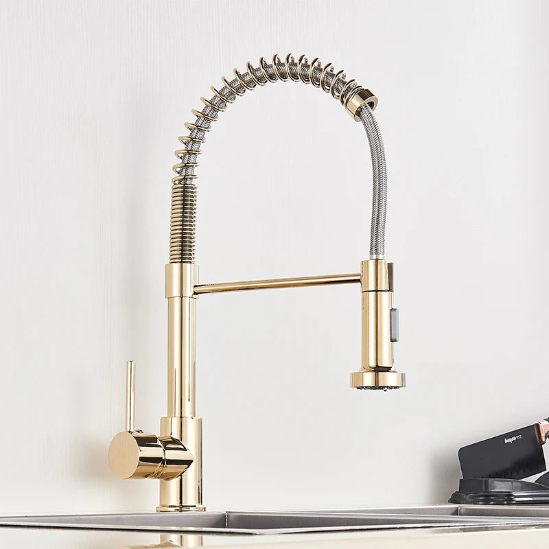 Golden Kitchen Faucet Pull Down Sprayer Nozzle Hot Cold Water Mixer Tap Single Handle Brass Para Kitchen Sink Taps Crane