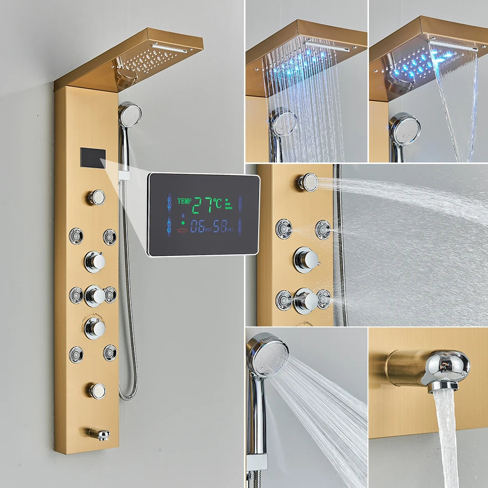 Black Bathroom Shower Panel Column Golden Rain Waterfall Shower Faucet Bidet Sprayer Tap SPA Massage Jet LED Bath Shower Set