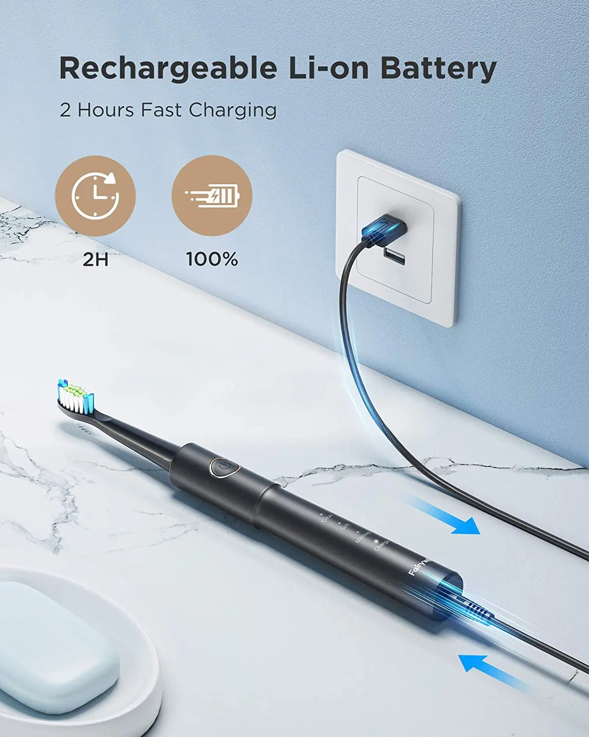 Fairywill Sonic Electric Toothbrush E11 Waterproof USB Charge With 8 Brush Replacement Heads Black and Pink Set for Couple