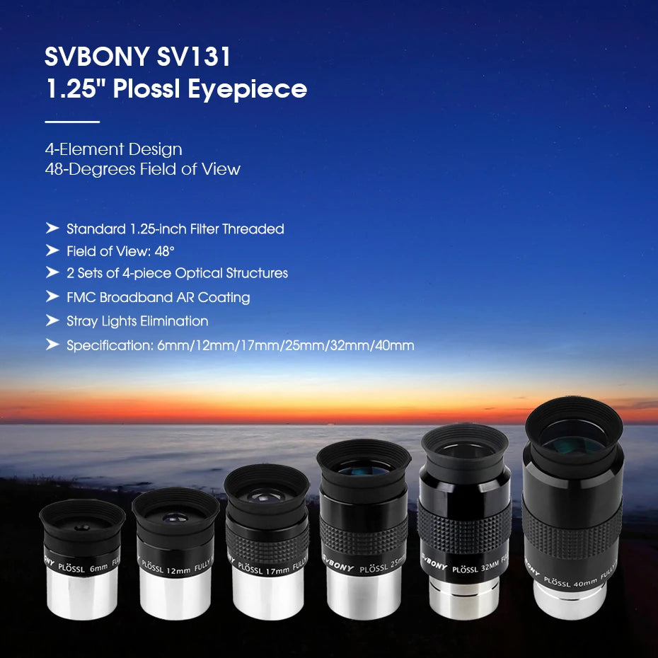 Svbony Eyepiece 1.25" (PLOSSL) PL Telescope Eyepiece 6/12/17/25/32/40mm 4-Element Design 48-Degrees Field of View SV131