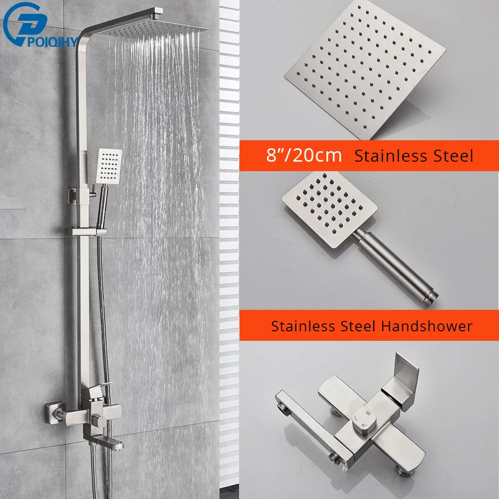 POIQIHY Black Bathroom Shower Faucet Set Wall Mount Black 8''Rainfall Shower Head With Handheld Sprayer Bathtub Shower Mixer