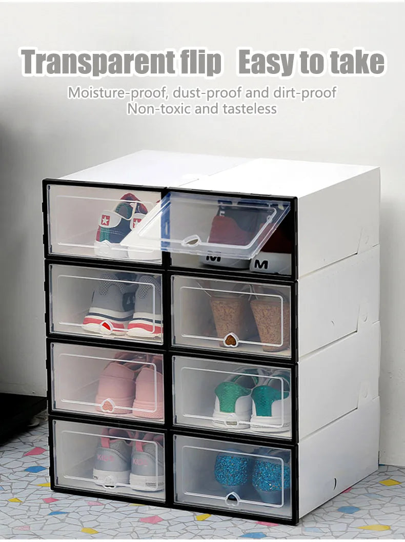 6Packs Transparent Shoe Box Shoes Organizers Plastic Thickened Foldable Dustproof Storage Box Stackable Combined Shoe Cabinet