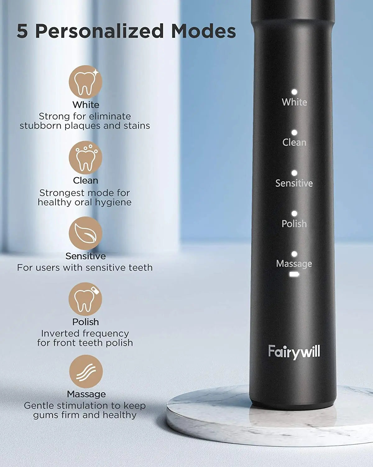 Fairywill Sonic Electric Toothbrush E11 Waterproof USB Charge With 8 Brush Replacement Heads Black and Pink Set for Couple