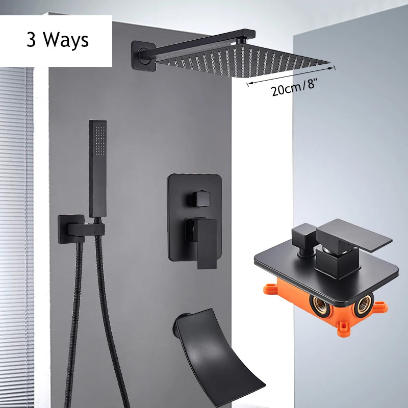 Matte Black Shower Faucet Set Rain Brass Shower Head Shower Faucet Embed Box Bathroom Hot Cold 2/3 Ways Tap Bathroom Faucet