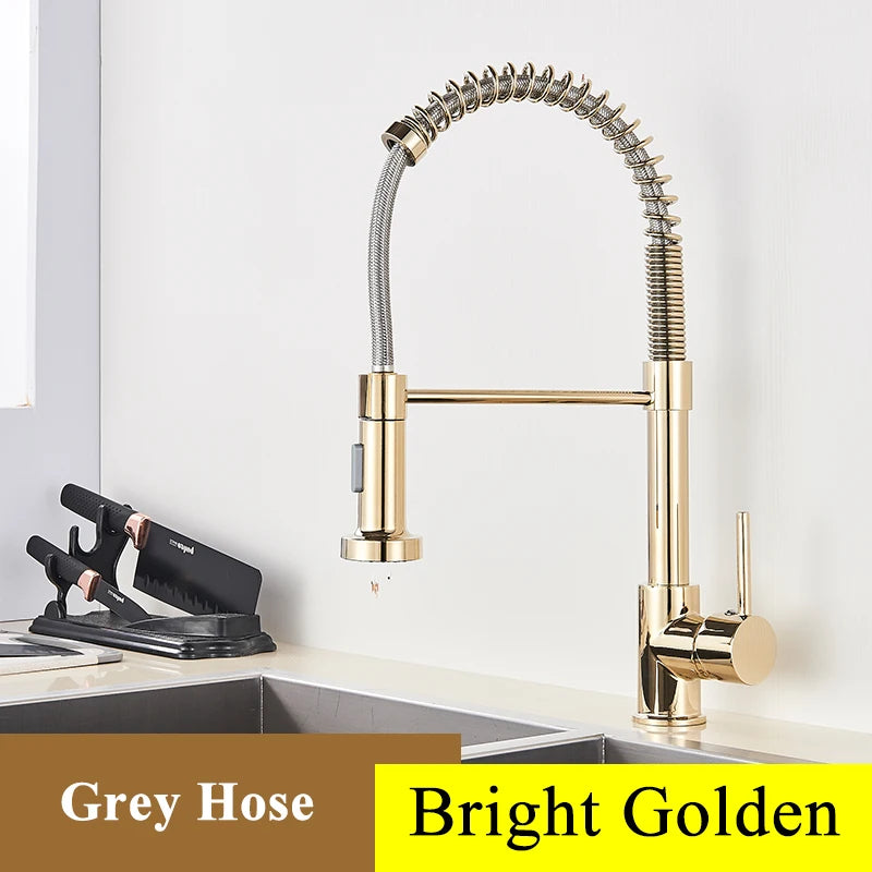 Golden Kitchen Faucet Pull Down Sprayer Nozzle Hot Cold Water Mixer Tap Single Handle Brass Para Kitchen Sink Taps Crane