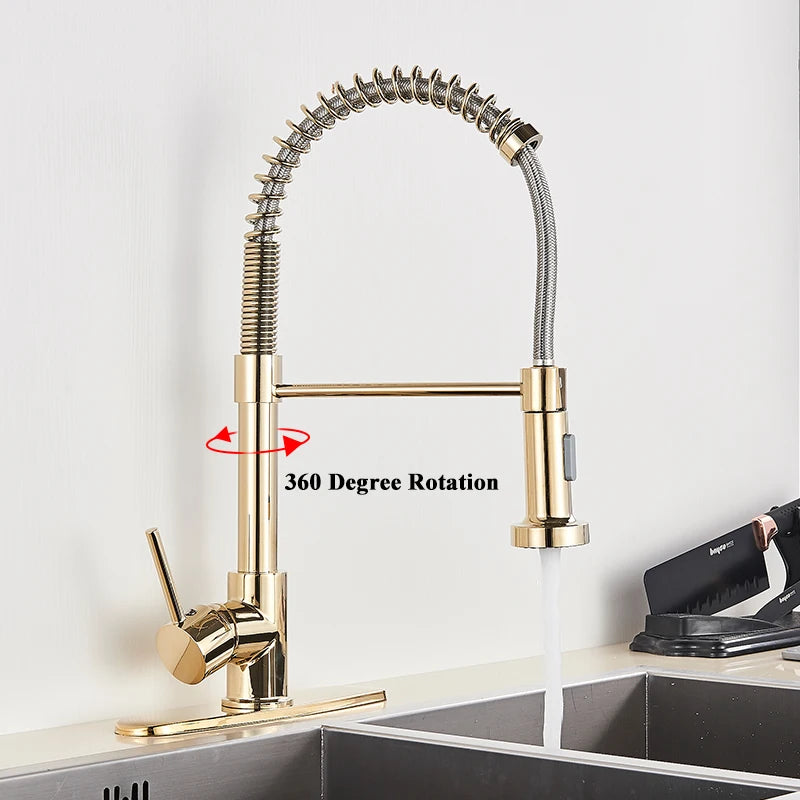 Golden Kitchen Faucet Pull Down Sprayer Nozzle Hot Cold Water Mixer Tap Single Handle Brass Para Kitchen Sink Taps Crane
