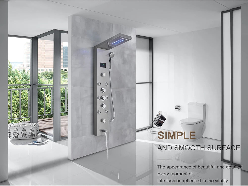 Black Bathroom Shower Panel Column Golden Rain Waterfall Shower Faucet Bidet Sprayer Tap SPA Massage Jet LED Bath Shower Set