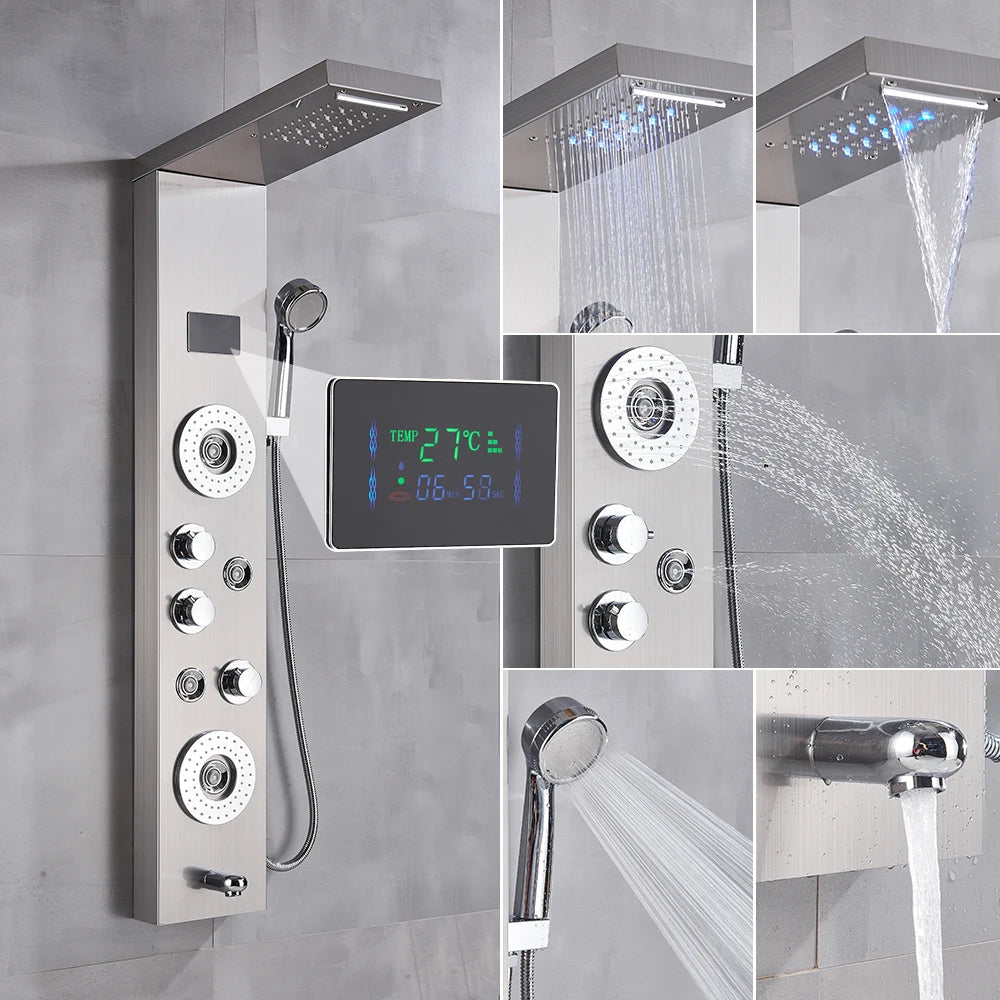 Black Bathroom Shower Panel Column Golden Rain Waterfall Shower Faucet Bidet Sprayer Tap SPA Massage Jet LED Bath Shower Set