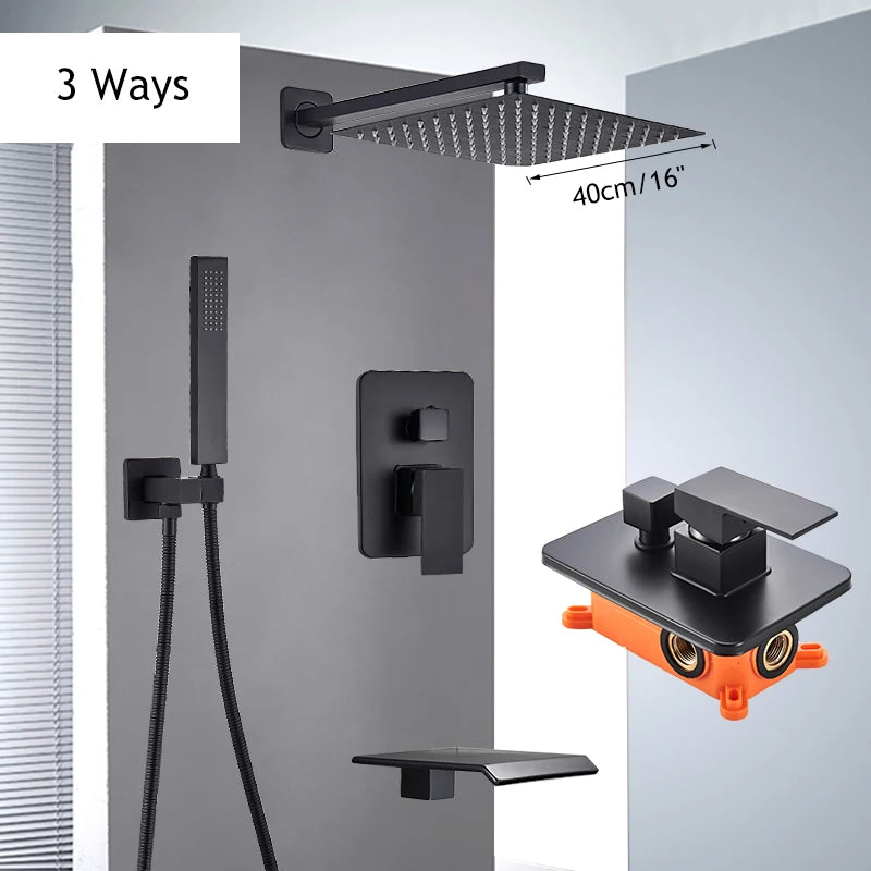 Matte Black Shower Faucet Set Rain Brass Shower Head Shower Faucet Embed Box Bathroom Hot Cold 2/3 Ways Tap Bathroom Faucet