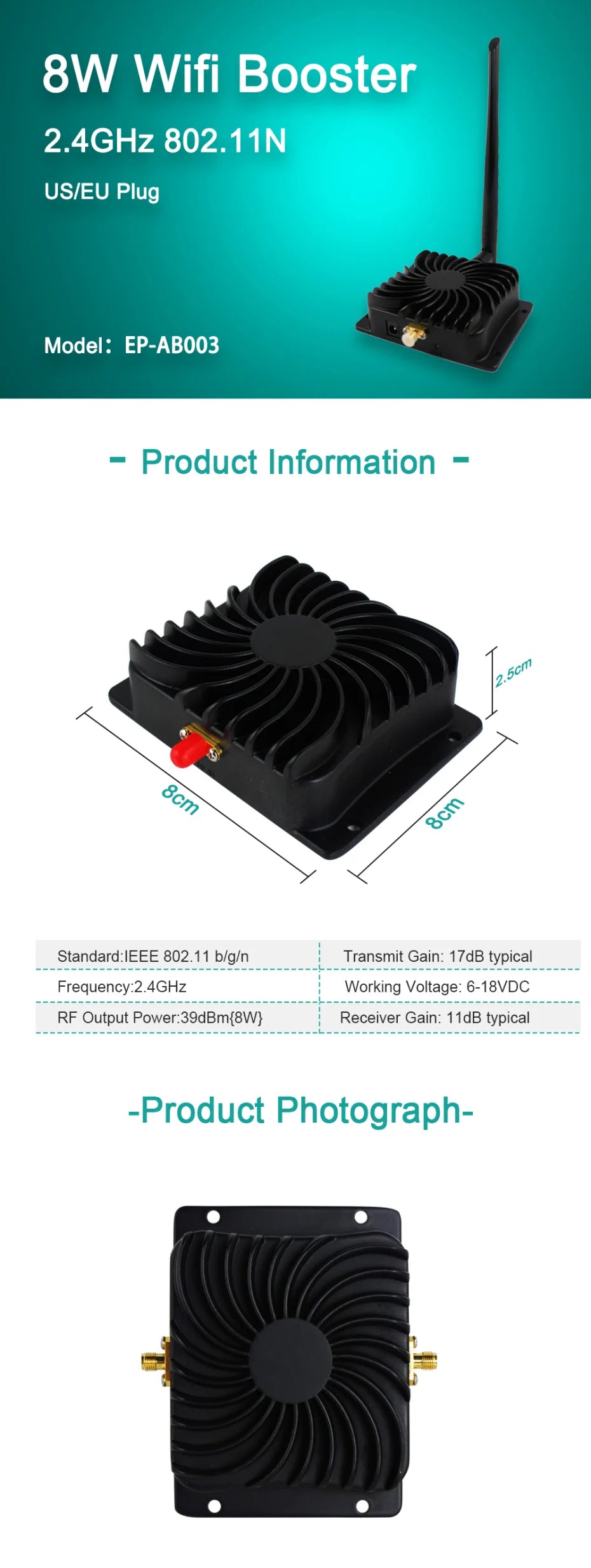 EDUP AB003 2.4GHz 8W WiFi Signal Booster WIFI Repeater Powerful WiFi Range Extender Wireless Antenna Adapter 802.11b/g/n