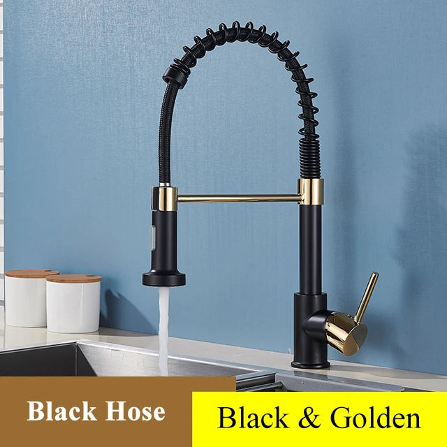 Golden Kitchen Faucet Pull Down Sprayer Nozzle Hot Cold Water Mixer Tap Single Handle Brass Para Kitchen Sink Taps Crane