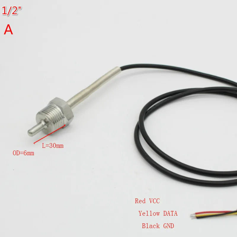 DS18B20 Digital Temperature Sensor G1/2" 1/4" 3/4" M10X1.5 M12X1 Thread  1m PVC 3-core Wire SUS304 Stainless Steel Shell