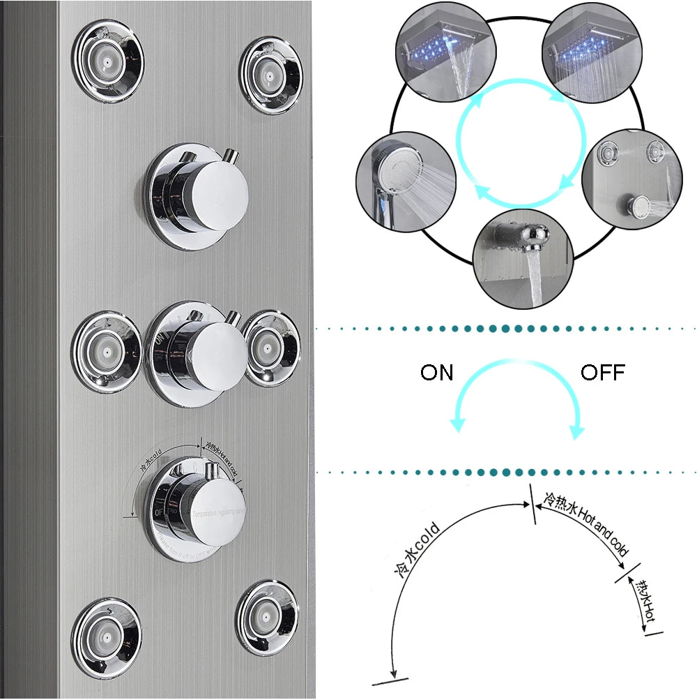Black Bathroom Shower Panel Column Golden Rain Waterfall Shower Faucet Bidet Sprayer Tap SPA Massage Jet LED Bath Shower Set