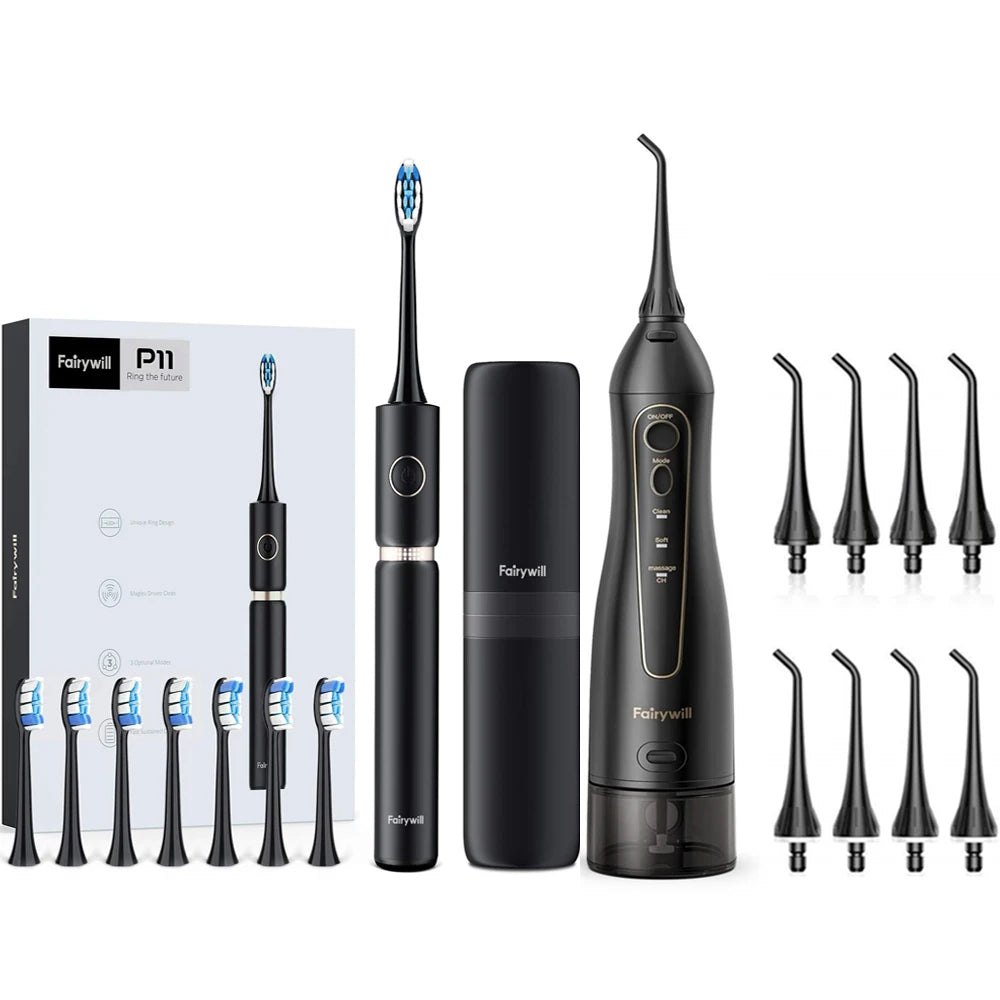 Fairywill Electric Sonic Toothbrush & Water Flosser Set with multiple brush heads and tips in sleek black design