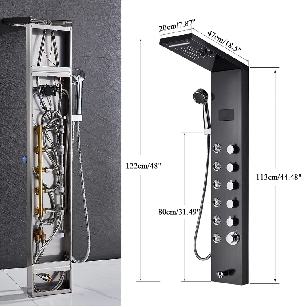 Black Bathroom Shower Panel Column Golden Rain Waterfall Shower Faucet Bidet Sprayer Tap SPA Massage Jet LED Bath Shower Set