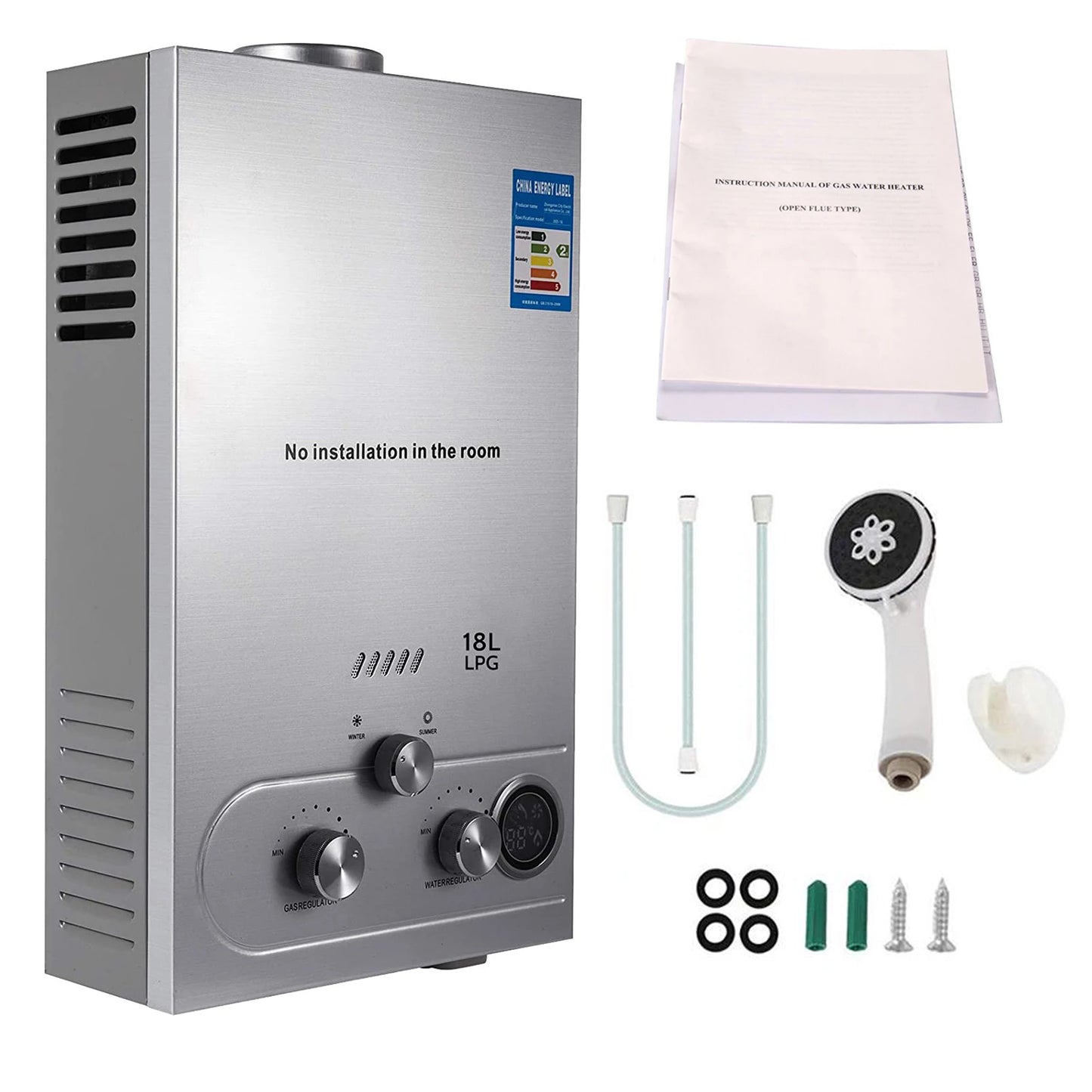 Sihao LPG Gas Hot Water Heater 6L-18L Tankless Instant Butane Propane Gas Boiler With Shower Kit LCD Display For Home Camping ﻿
