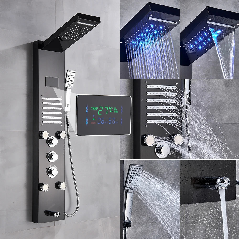 Black Bathroom Shower Panel Column Golden Rain Waterfall Shower Faucet Bidet Sprayer Tap SPA Massage Jet LED Bath Shower Set