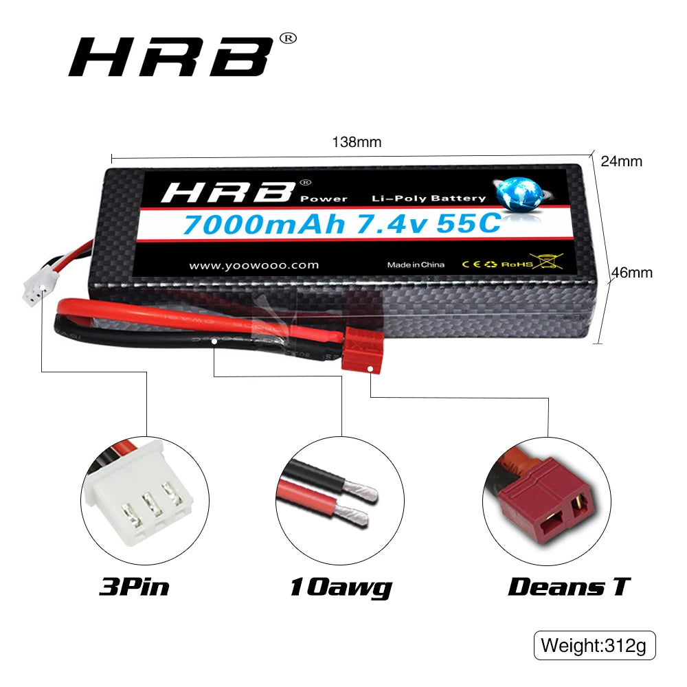 1/2pc HRB Lipo Battery 2S 3S 4S 6S 4000mah 1500mah 2200mah 5000mah 6000mah 7000mah 11.1V 14.8V 22.2V XT90 XT60 for RC Car Drone