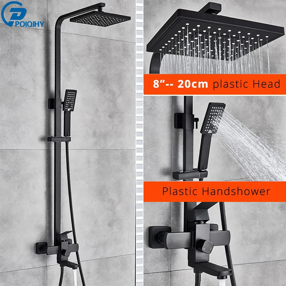 POIQIHY Black Bathroom Shower Faucet Set Wall Mount Black 8''Rainfall Shower Head With Handheld Sprayer Bathtub Shower Mixer