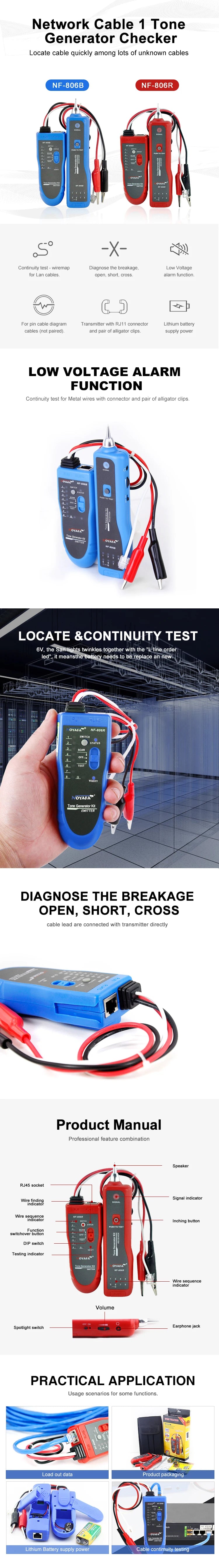 NOYAFA NF-806R Network Cable Tester Ethernet LAN Test Wire Tracer RJ45 RJ11 Line Finder LED Lighting Withstand Voltage